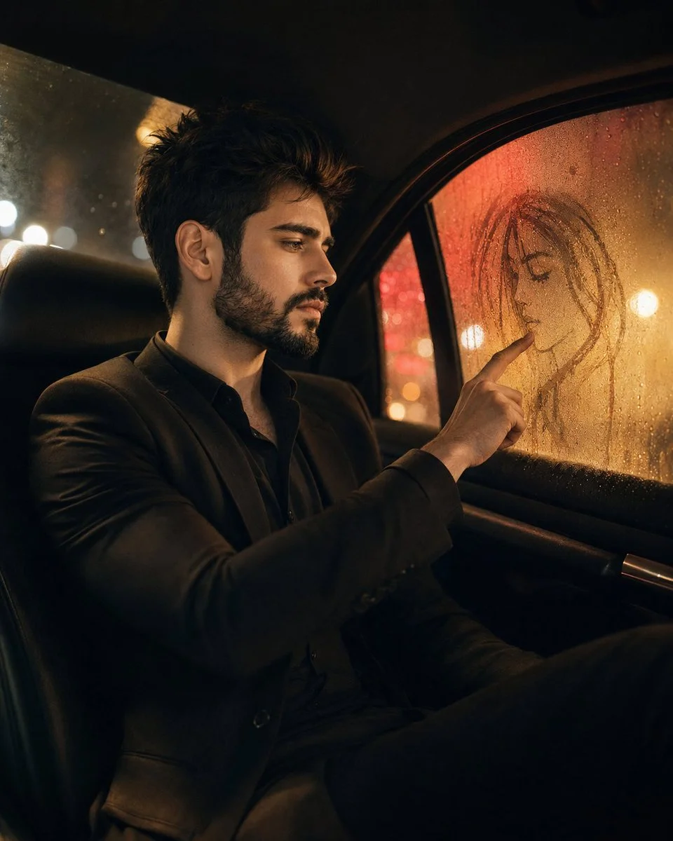 A man traces a fog portrait on the car window