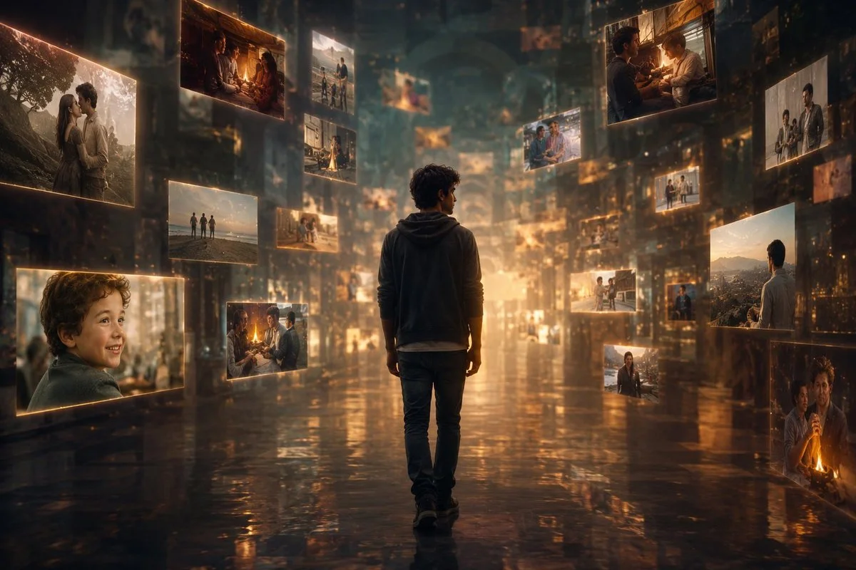 A man walks through a corridor of glowing floating memories