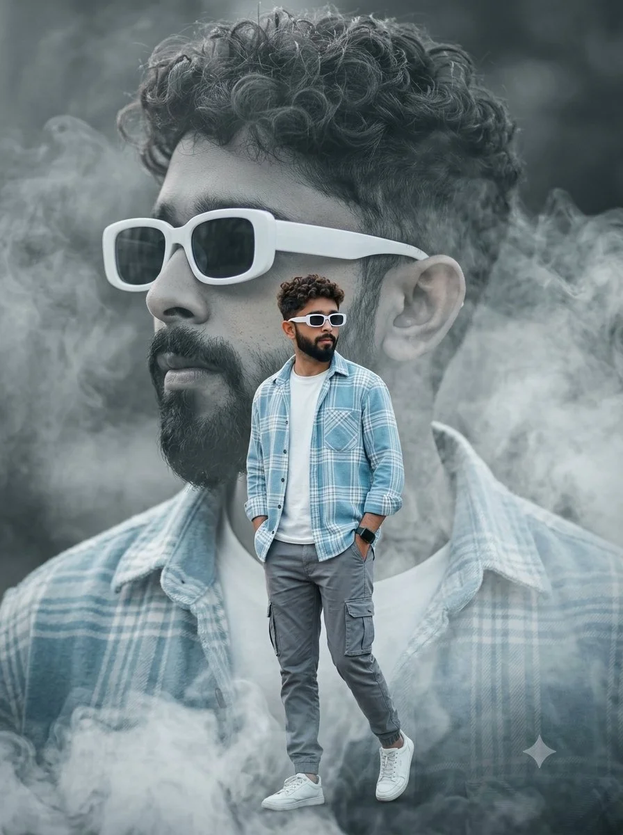 A man walks through swirling smoke beneath his own ghostly profile