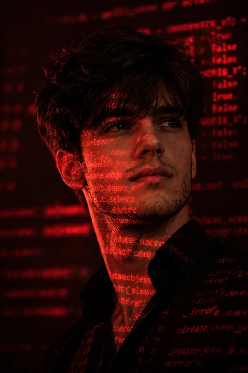 A man with code glowing across his face in red light