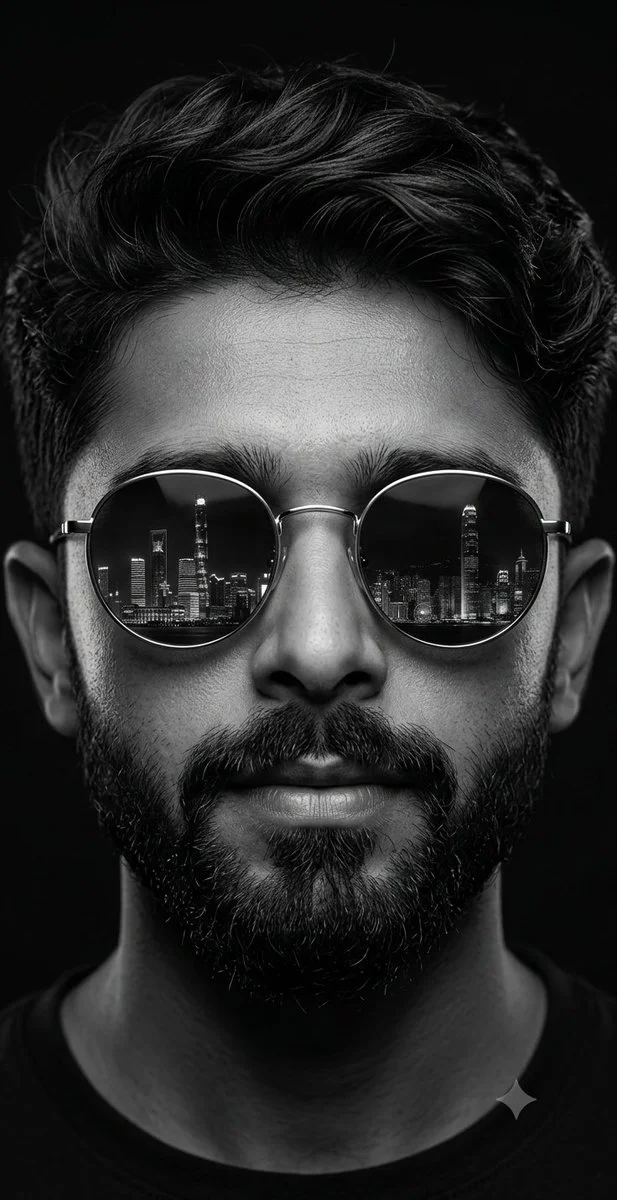 A man with reflective sunglasses sees a city skyline in black and white