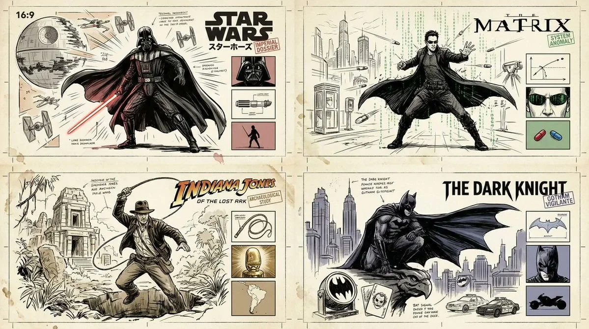 A manga-style action dossier frames a flying superhero in dynamic pose