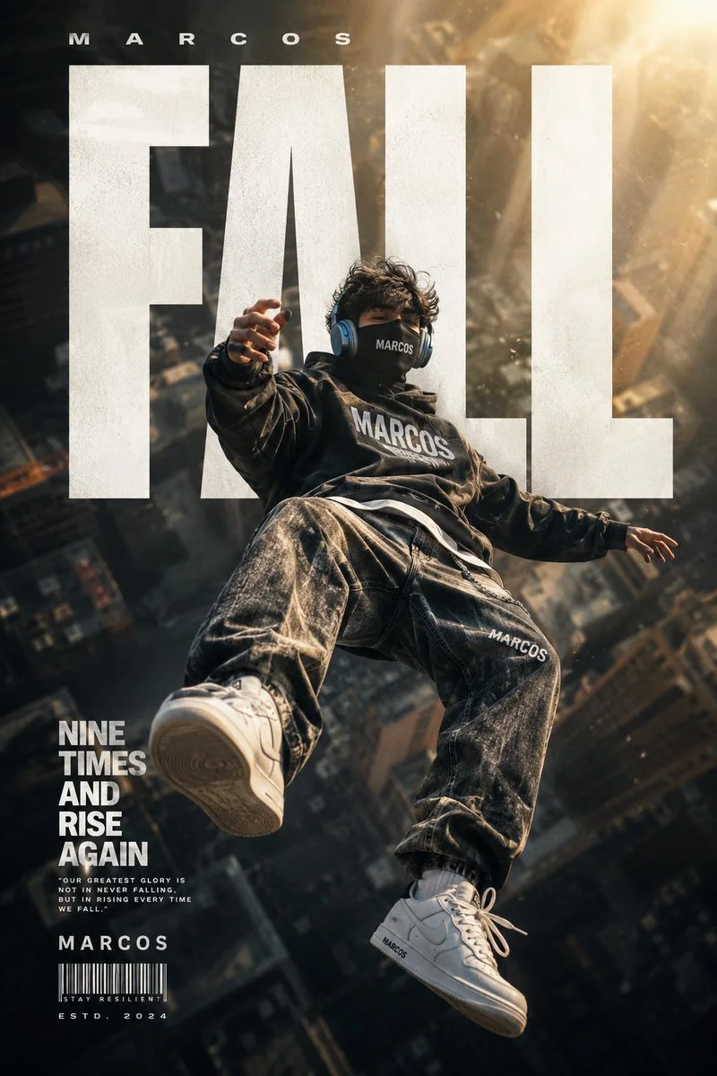 A masked streetwear model floats above a city skyline