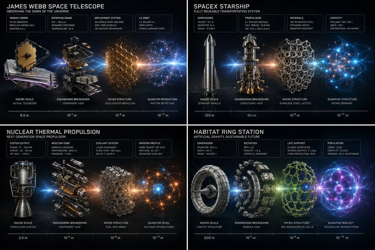 A masterclass scientific editorial reveals complex space machines in a grid