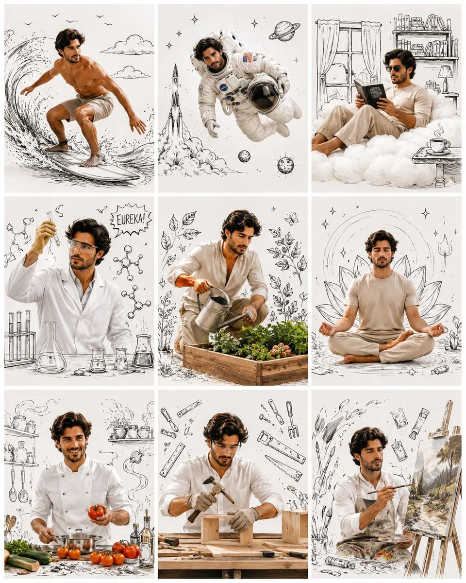 A mature man appears in nine dream jobs with ink doodles