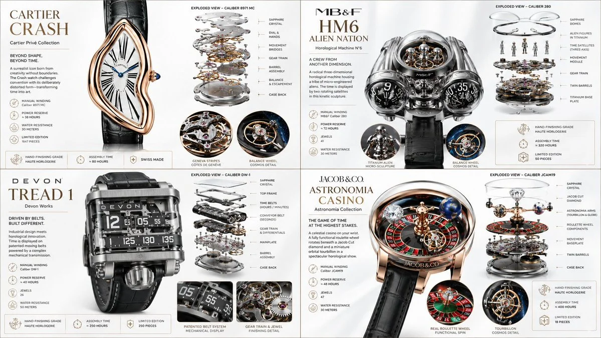 A mechanical watch movement floats in perfect transparent alignment
