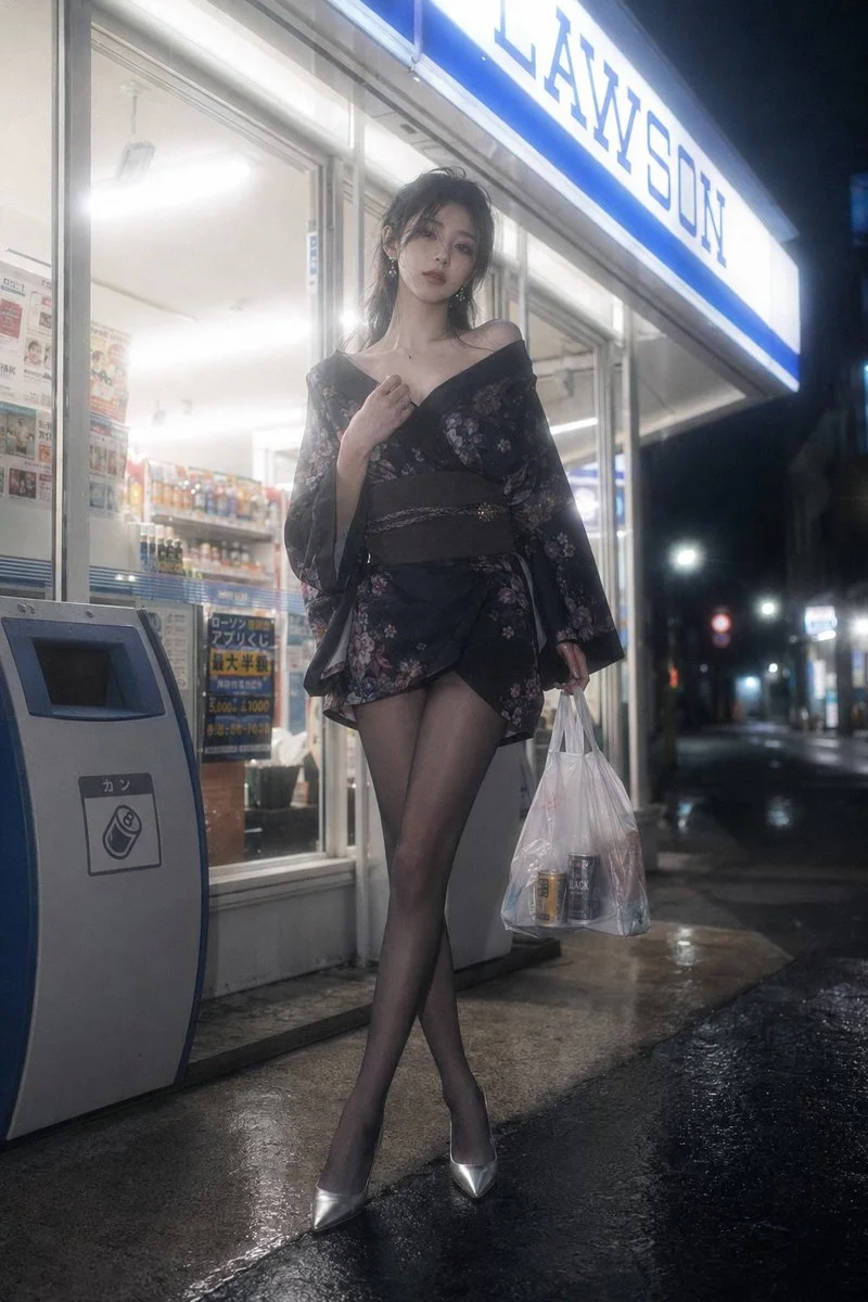 A melancholic fashion influencer poses outside a glowing convenience store.