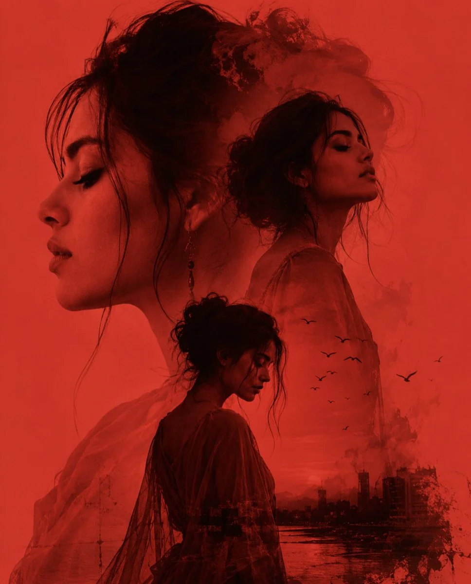 A melancholic woman in red gazes into the past