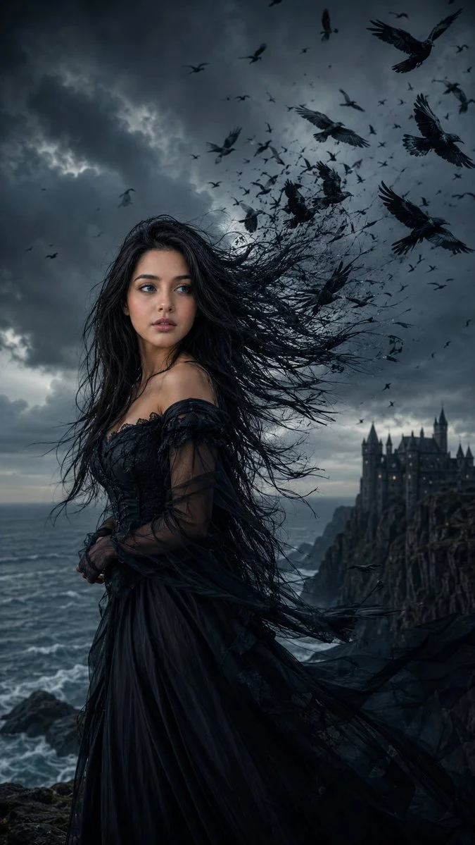 A melancholic woman's hair transforms into ravens on a stormy cliff