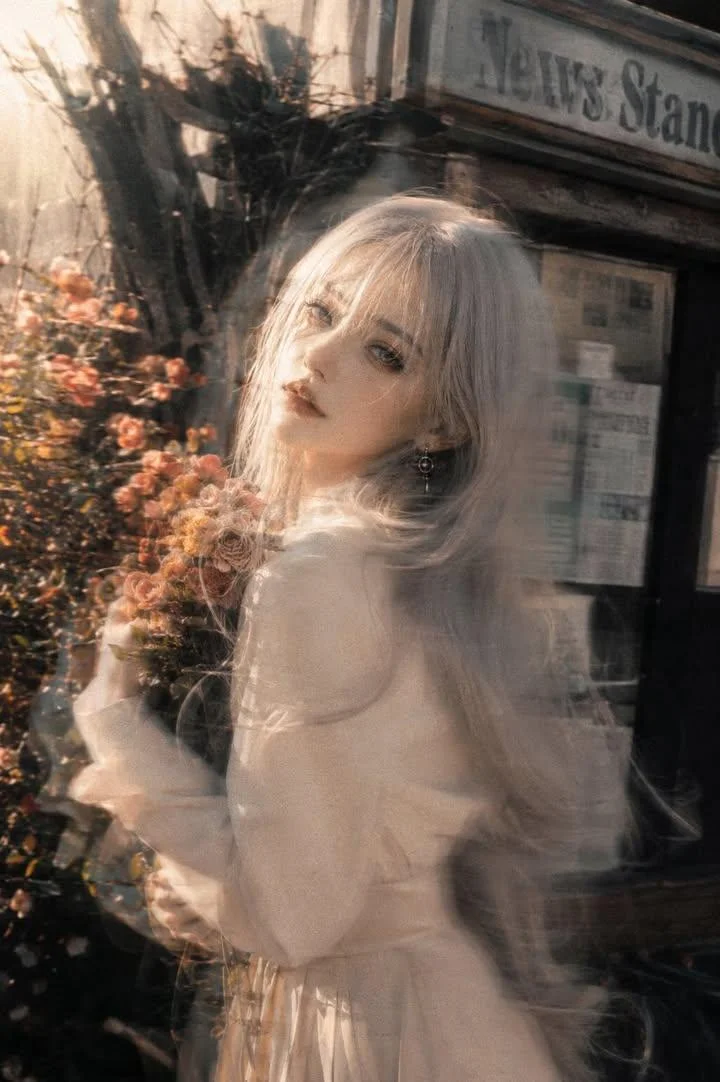 A melancholic woman with ash blonde hair glances back in a vintage flower shop