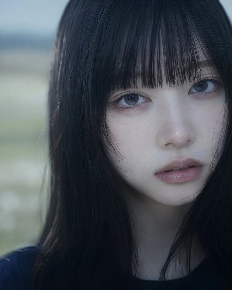 A melancholic woman with blue eyes gazes through soft bokeh light.