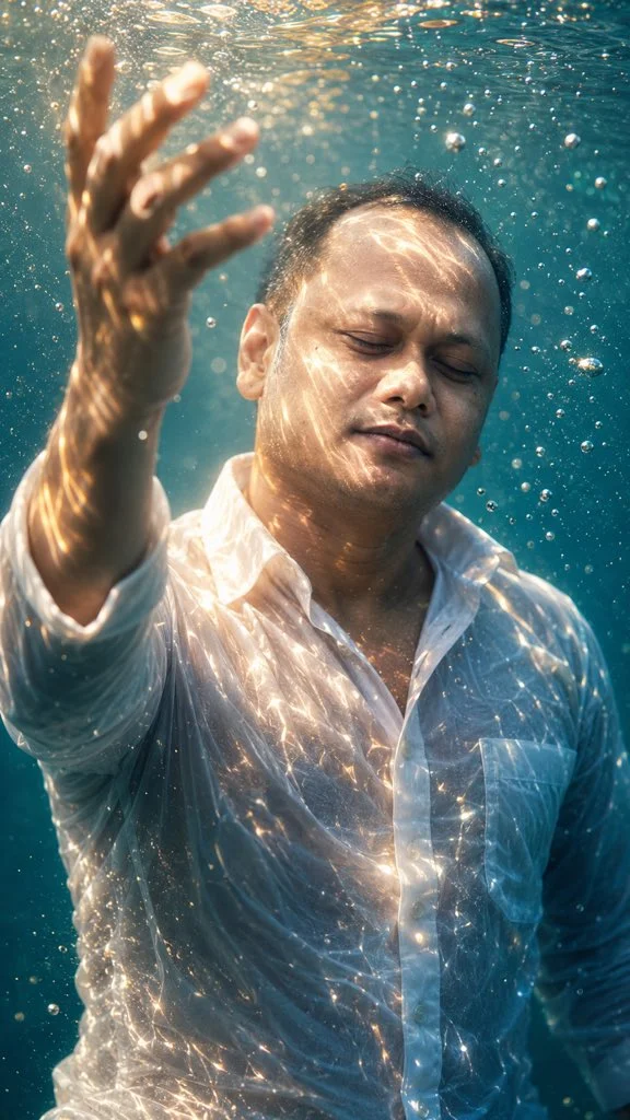 A melancholy man floats underwater with closed eyes and drifting hair
