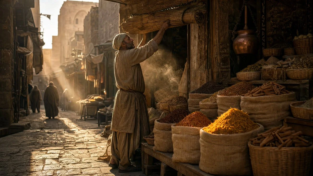A merchant in linen rolls up reed awnings as sunlight streams through