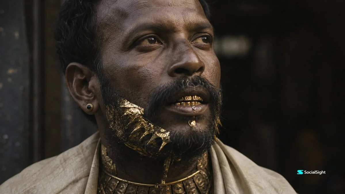 A middle-aged man with gold teeth stares upward in a dim doorway