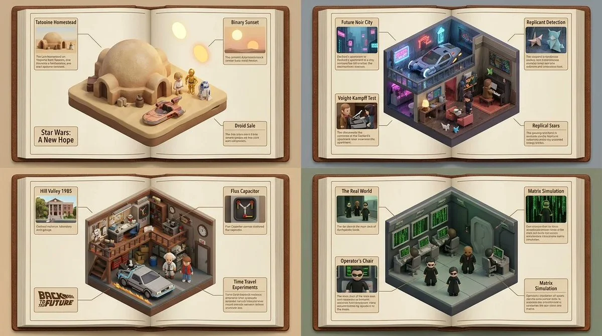 A miniature cutaway diorama presents a cozy sci-fi apartment room.