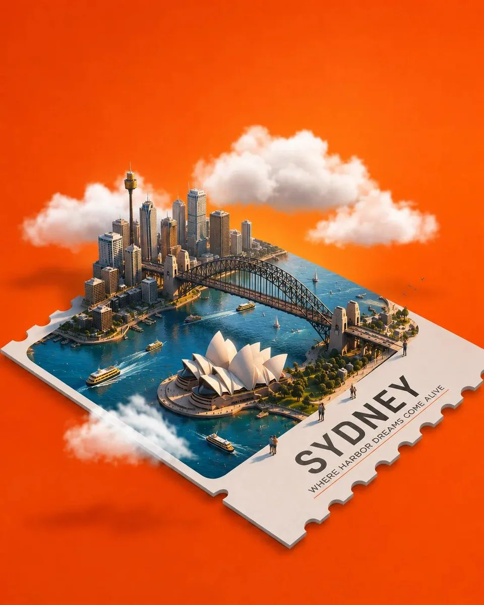 A miniature Eiffel Tower stamp floats on an orange background