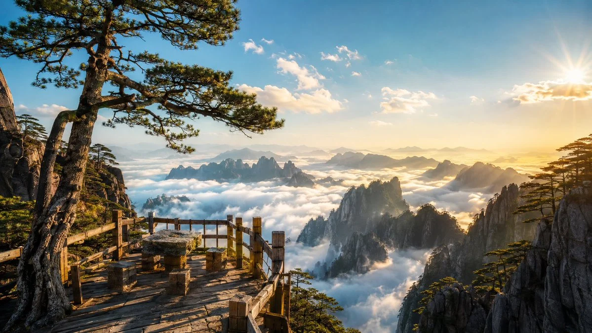 A misty Huangshan cliff vista with ancient pine framing warm sunlight