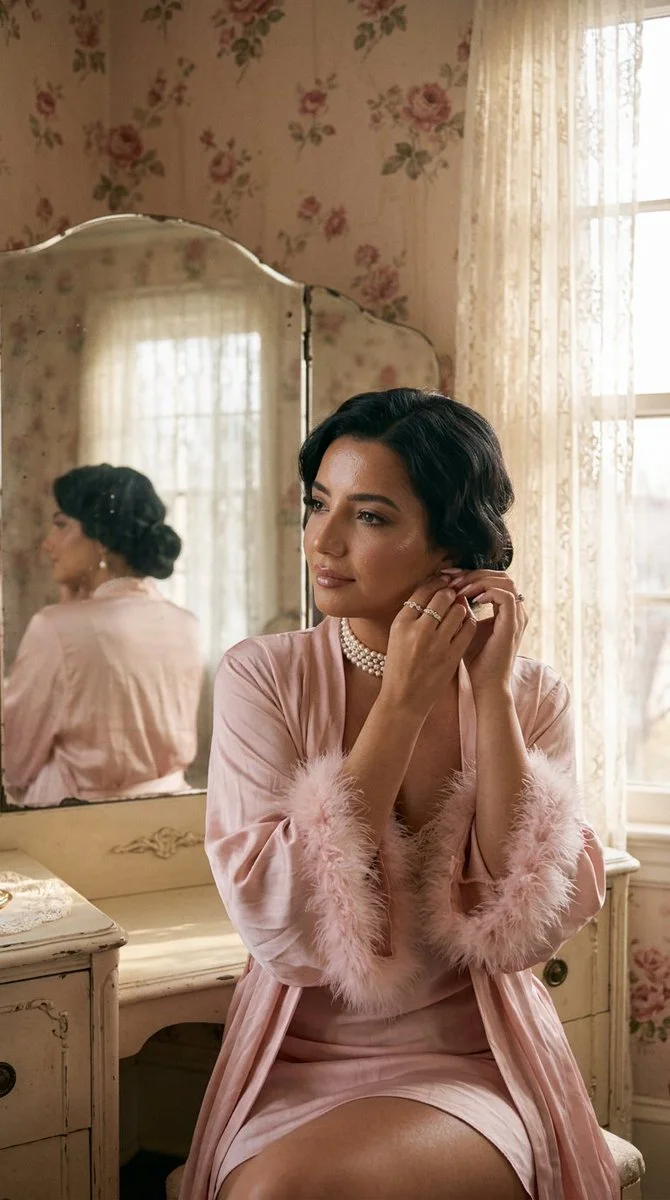 A model adjusts her pearl earring in a faded rose bedroom mirror.
