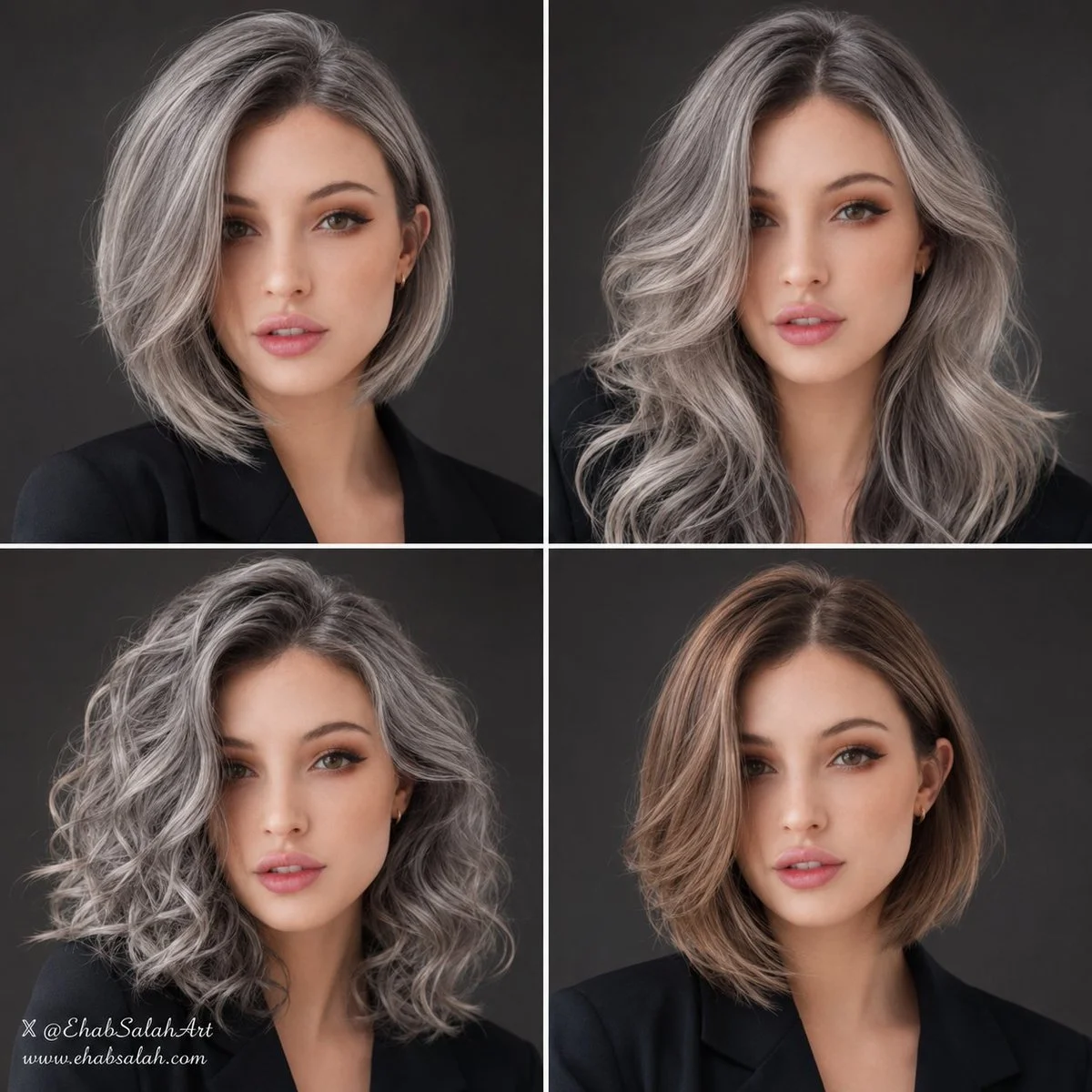 A model displays four luxury salon hairstyles in a grid