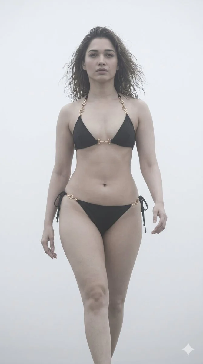 A model emerges from a foggy beach morning haze