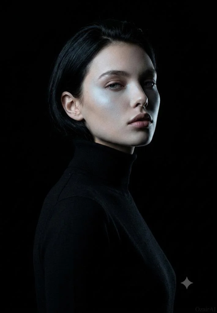 A model in a black turtleneck turns with cold intensity.