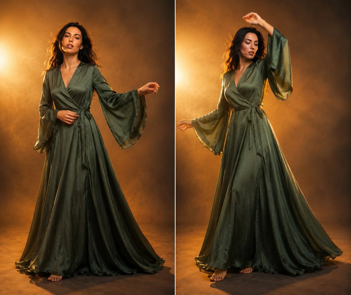 A model in a green satin gown poses in warm amber studio light