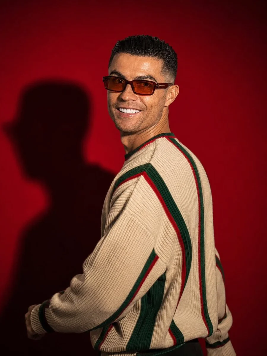 A model in a striped sweater glances back with a subtle confident smile.