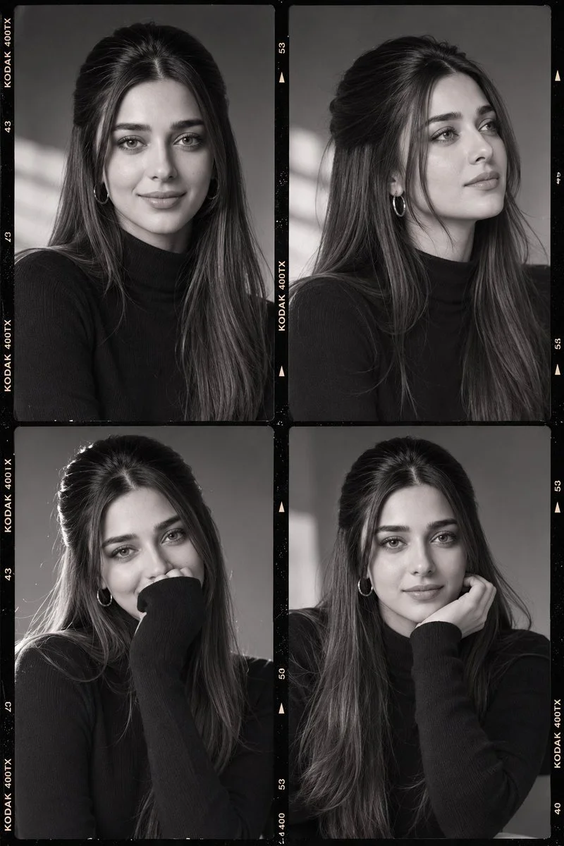 A model in black turtleneck poses in four intimate portraits