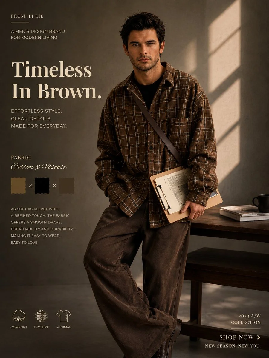 A model in brown plaid leans against a wooden table.