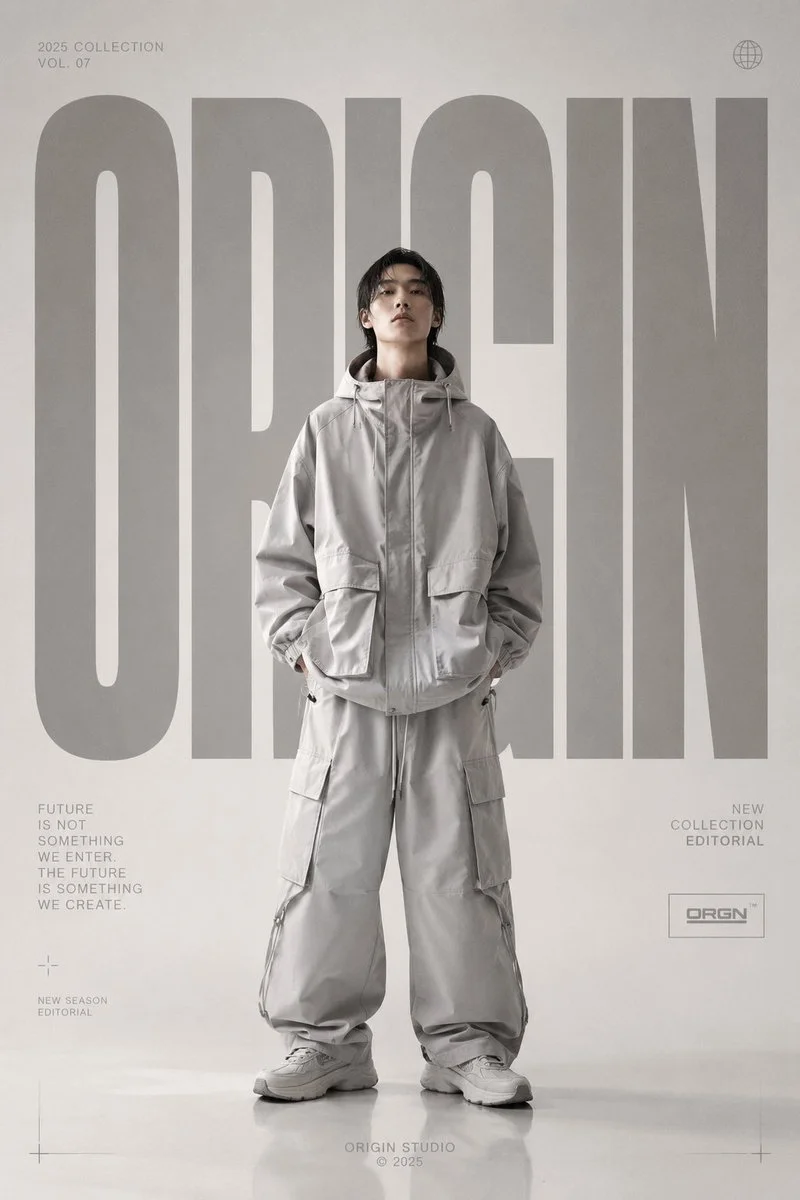 A model in oversized luxury streetwear poses for a minimalist Vogue campaign