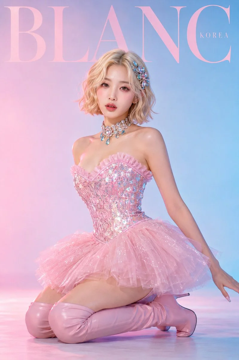 A model in pastel pink tutu kneels gracefully in blue studio