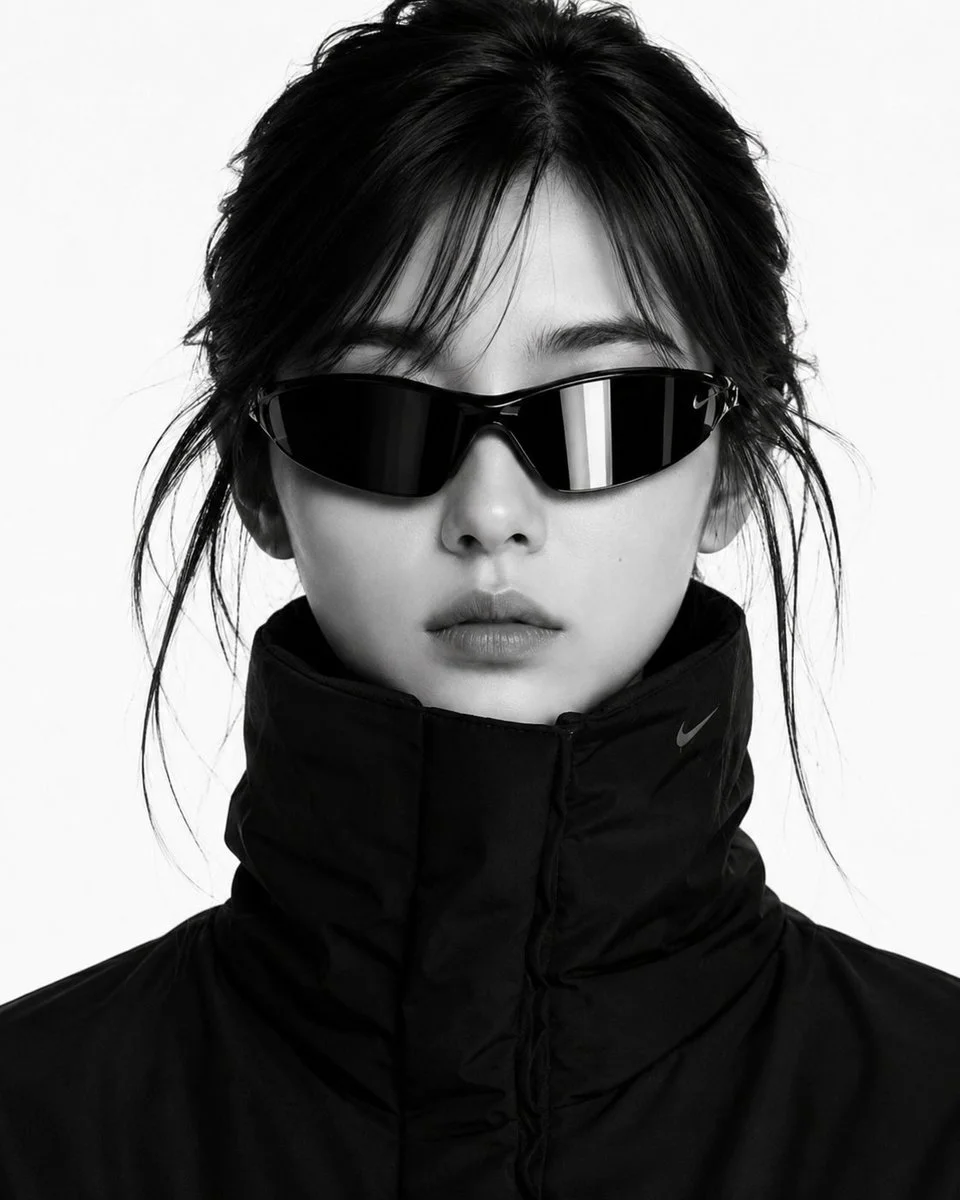 A model in reflective sunglasses poses against a white backdrop