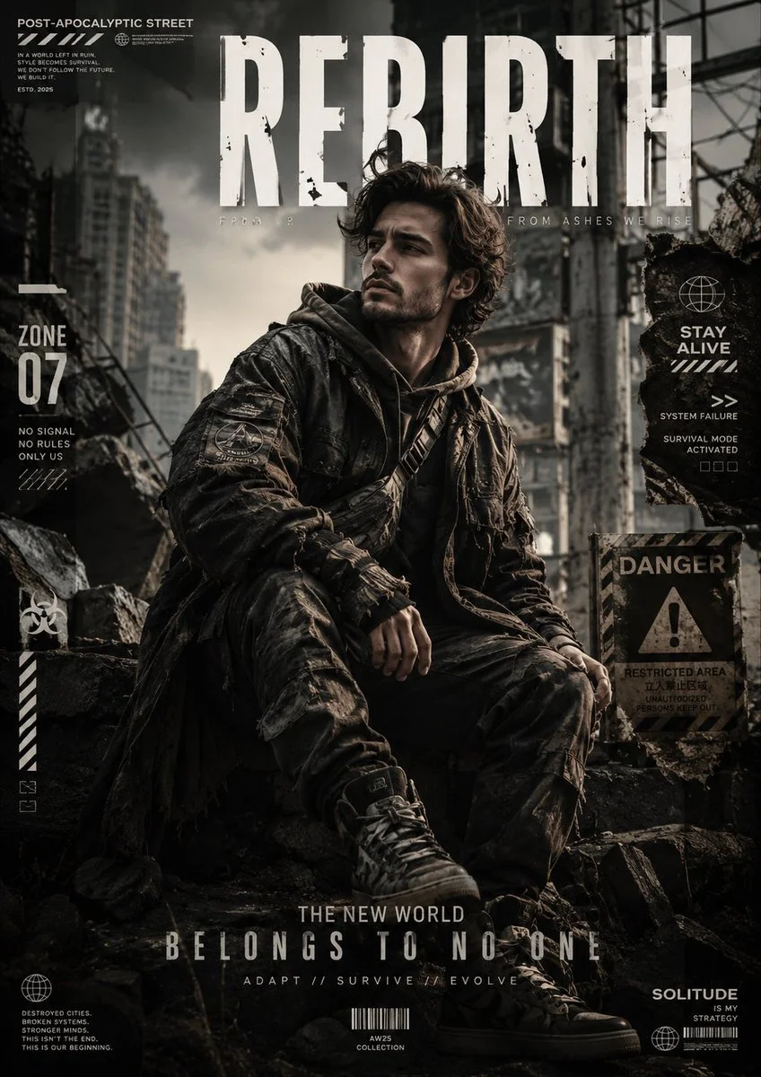 A model in weathered streetwear walks through ruined city streets.
