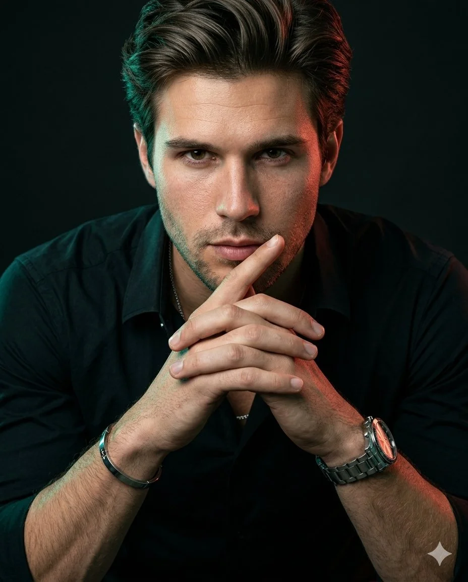 A model leans forward with interlocked fingers in moody studio light