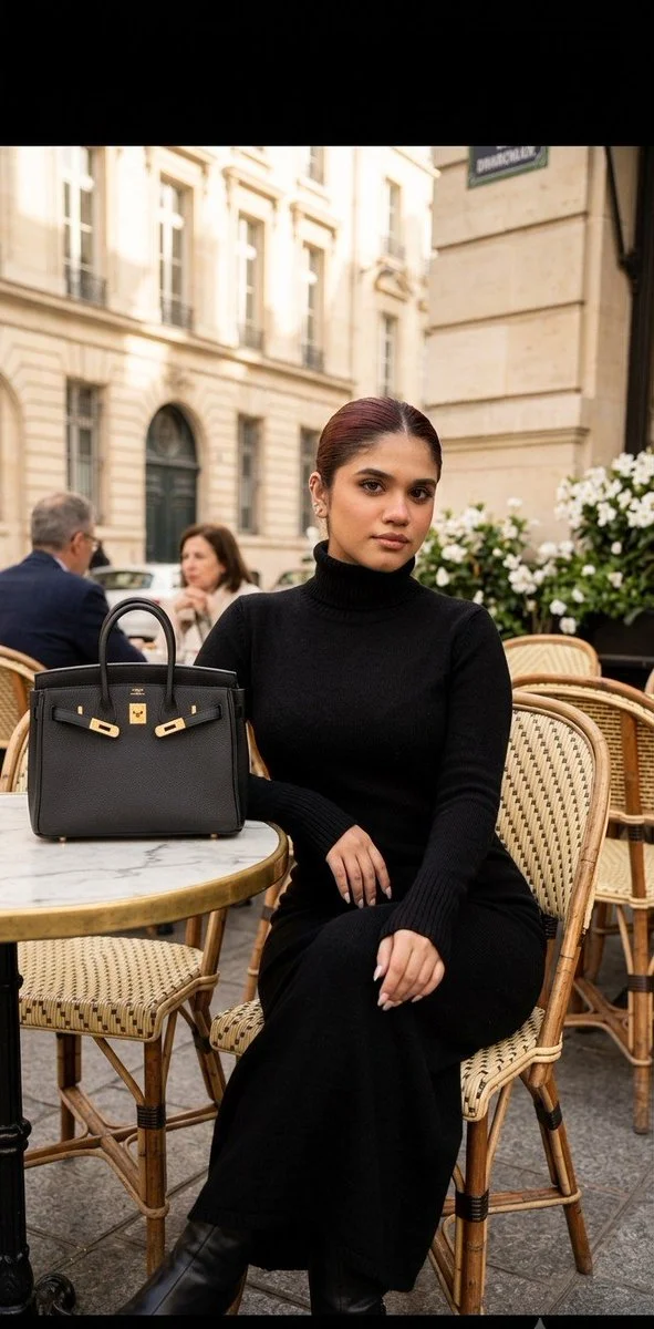 A model poses elegantly at a Parisian café with a luxury handbag