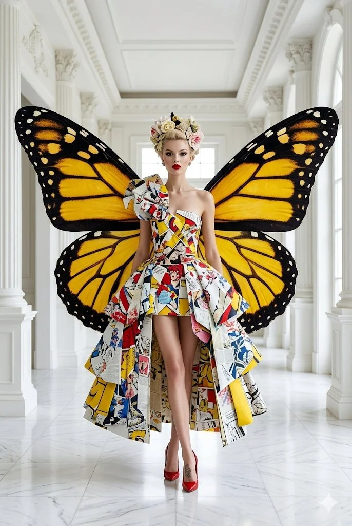A model poses in a pop art dress with monarch butterfly wings