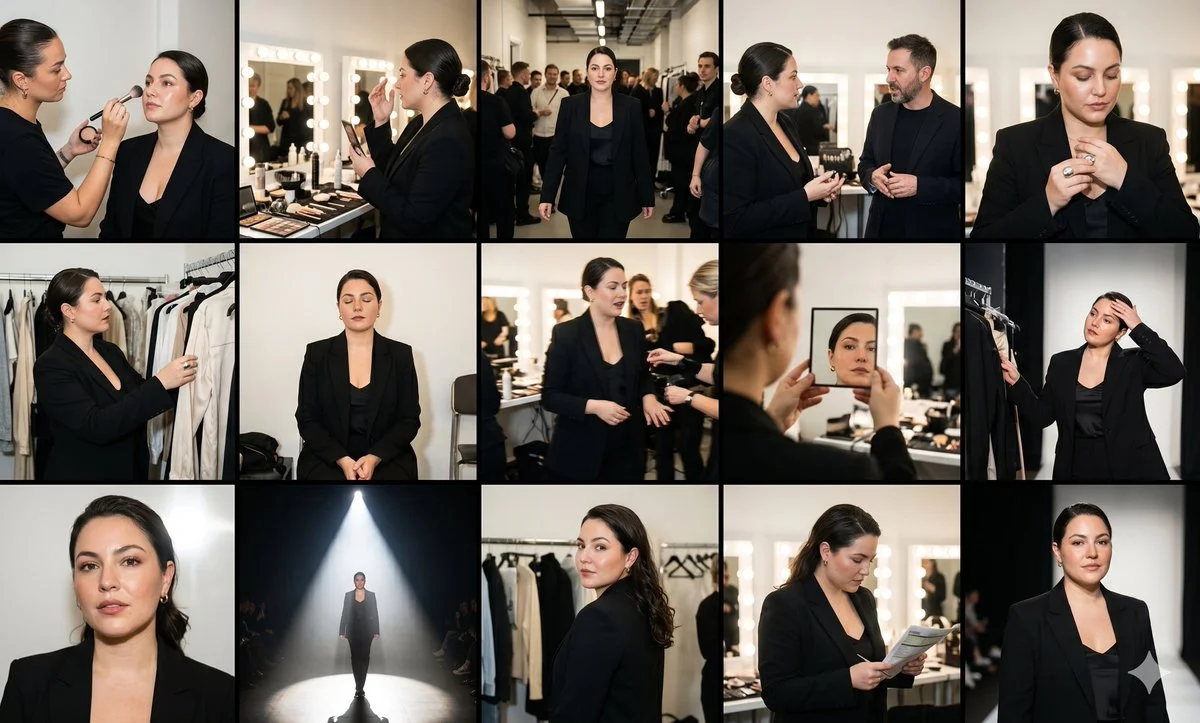 A model prepares backstage during a hectic fashion week show