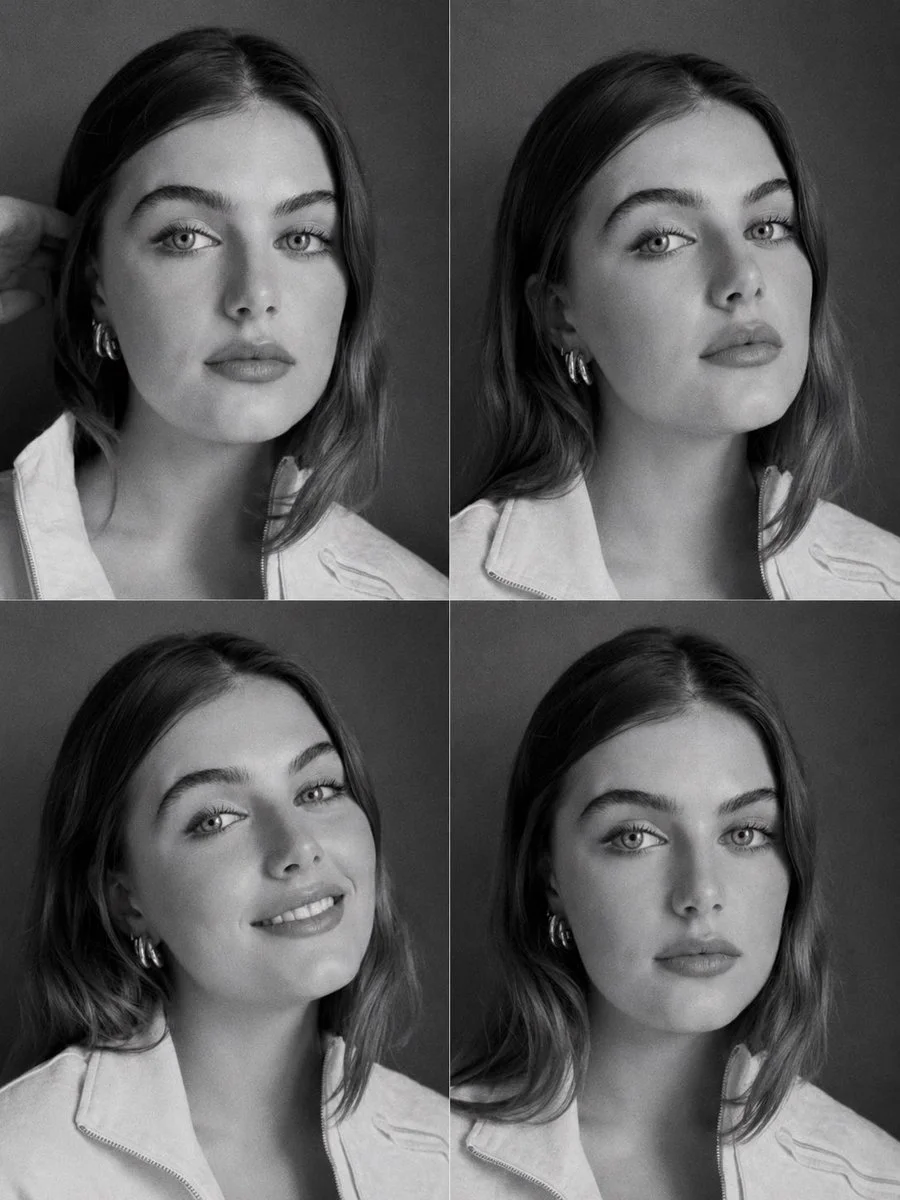 A model's four expressions captured in a monochrome contact sheet.