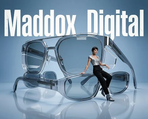 A model sits on futuristic glasses for a digital campaign