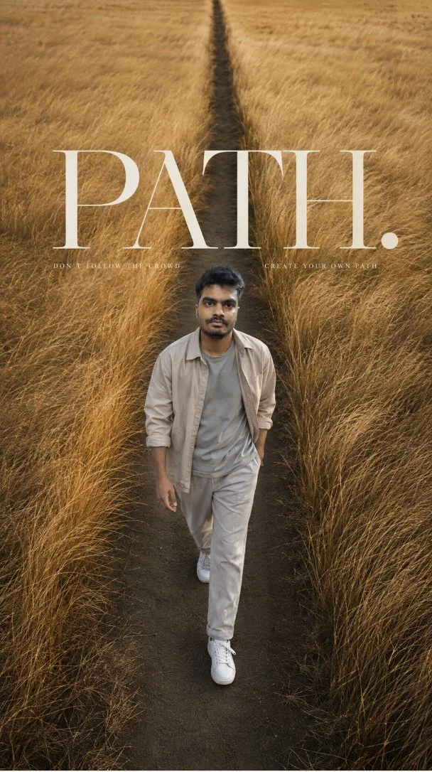 A model strides down a golden path in a cinematic field