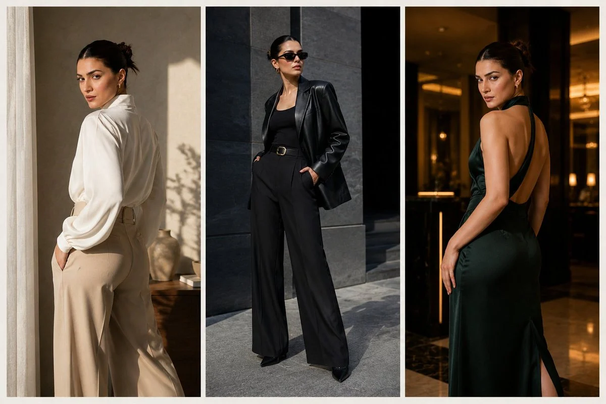 A model wears three luxury looks in a triptych