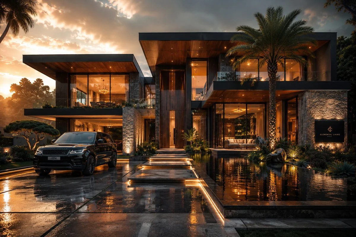 A modern luxury house glows under dramatic sunset sky with reflections