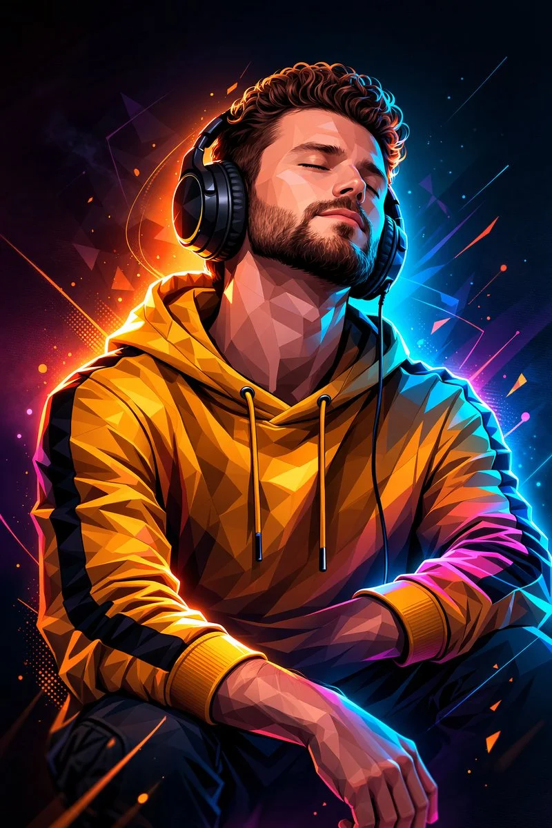 A Moment in Music: Geometric Portrait in Vibrant Neon