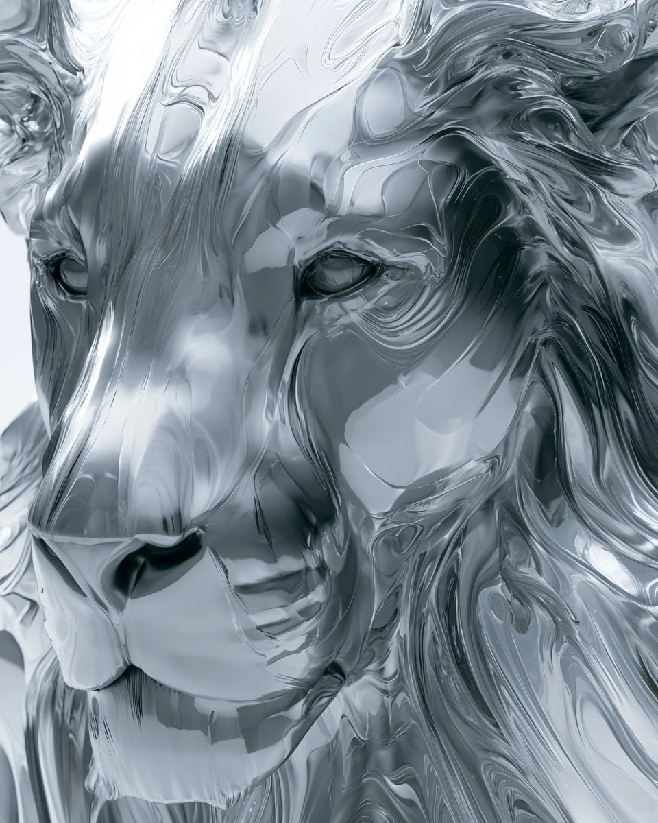 A monochromatic liquid metal face ripples with futuristic elegance.