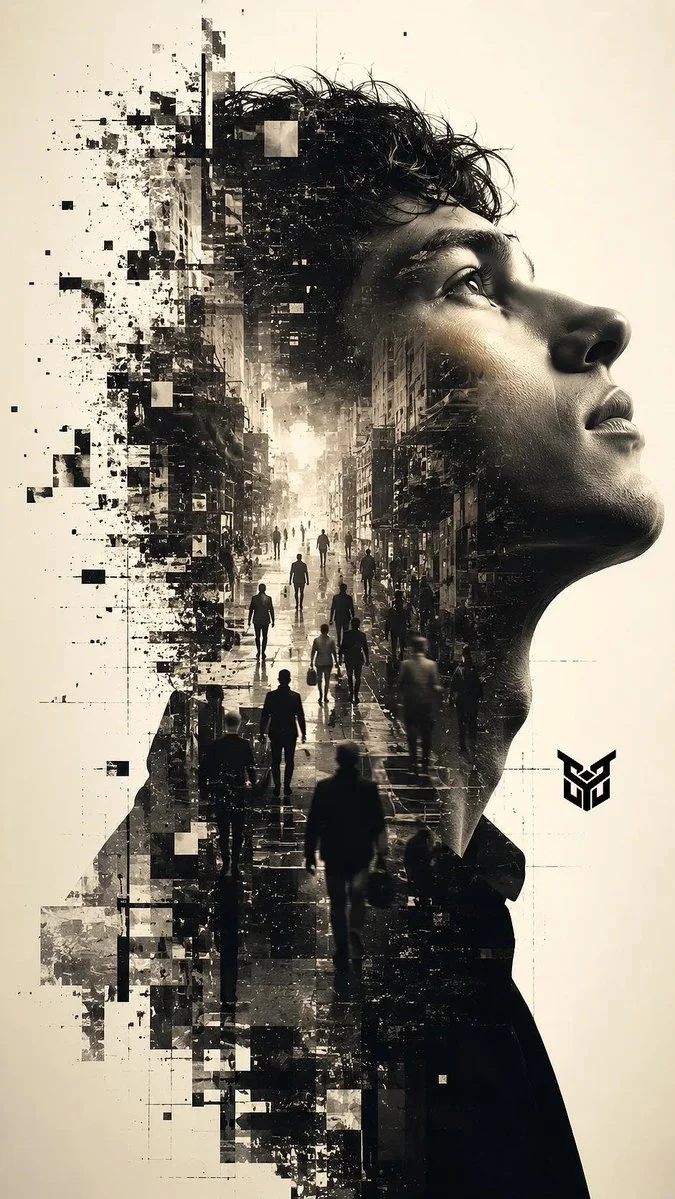 A monochromatic profile dissolves into geometric shards against a city backdrop.