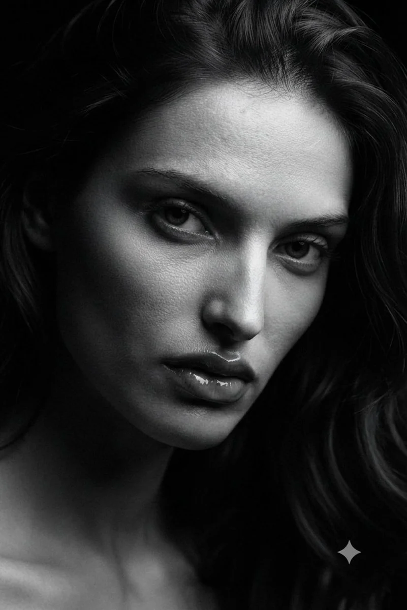 A monochrome close-up captures intense soulful eye contact.