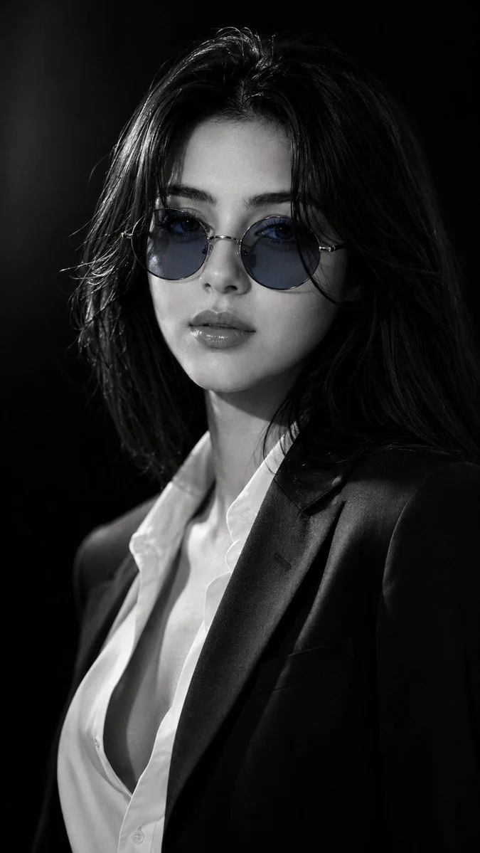 A monochrome fashion portrait with blue-tinted sunglasses and a tailored blazer