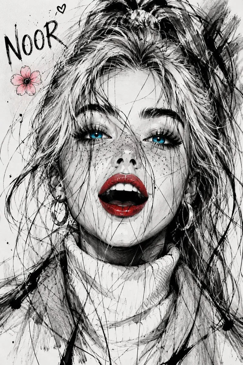A monochrome ink portrait with sapphire eyes and crimson lips