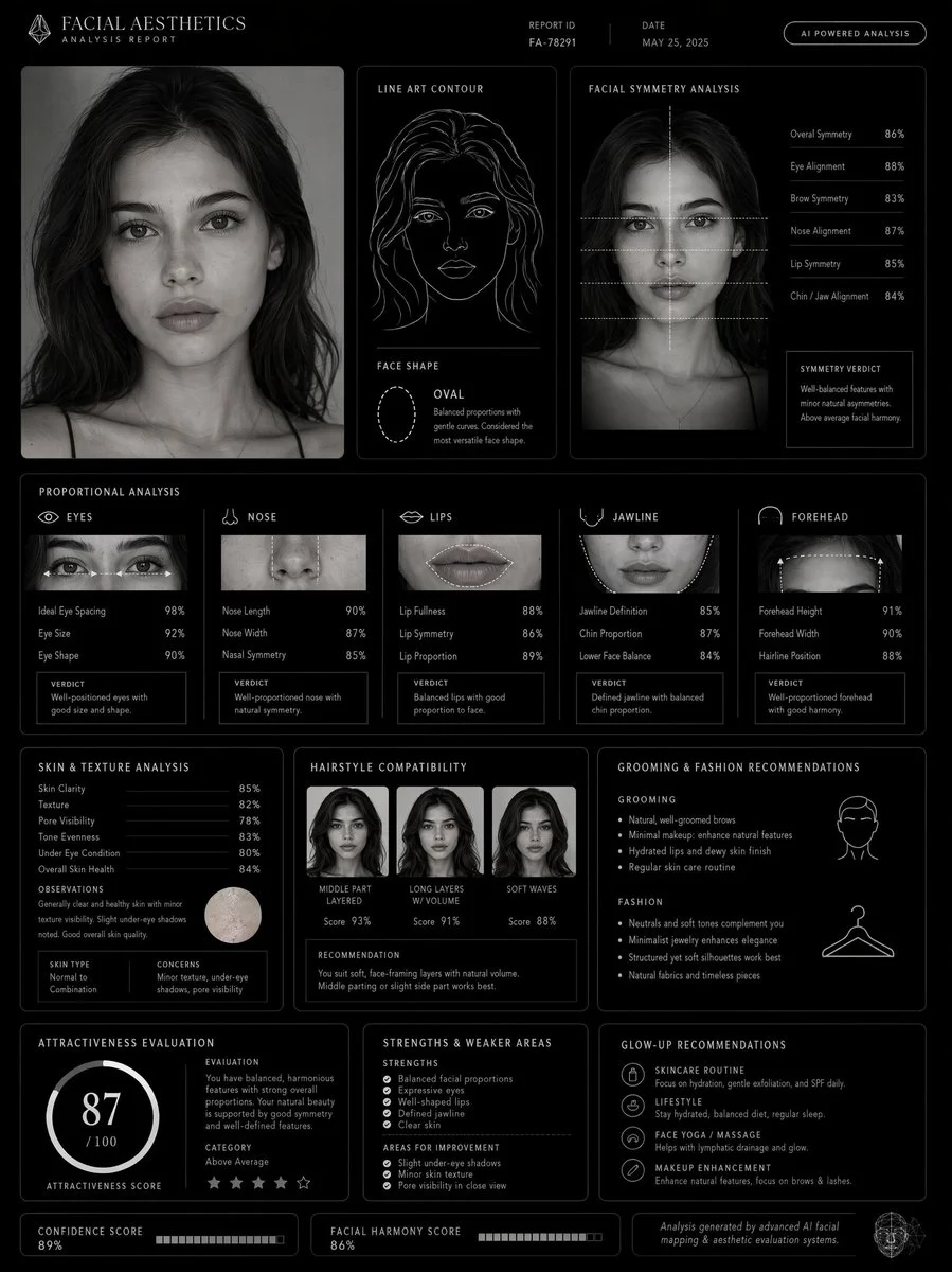 A monochrome luxury facial analysis dashboard reveals refined proportions