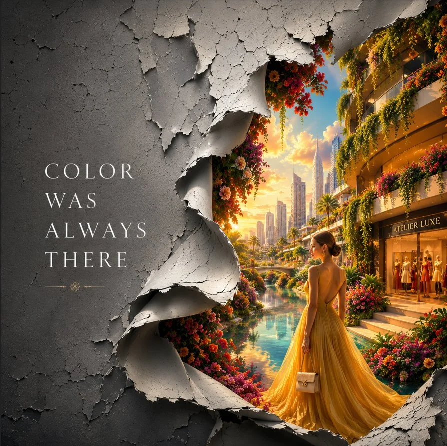 A monochrome paint layer peels to reveal a vibrant luxury world